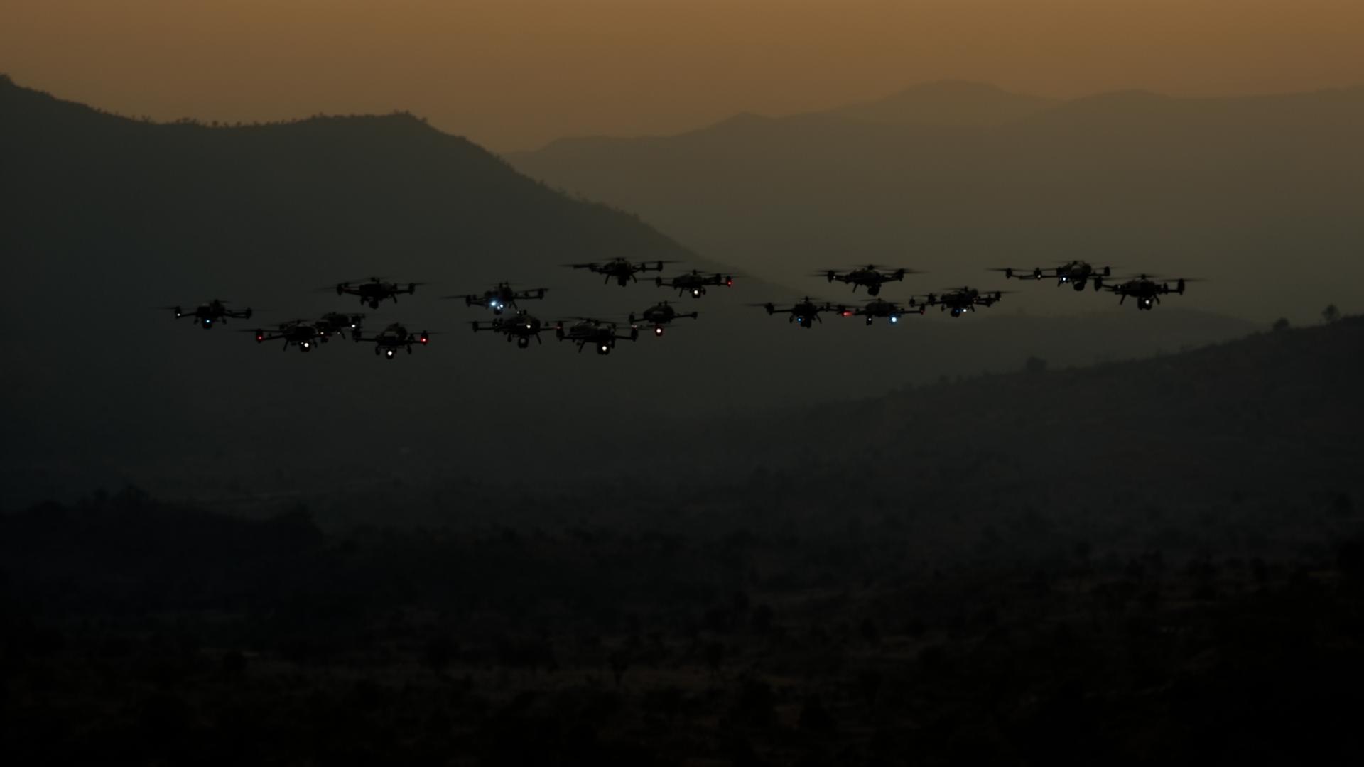 Third-party drones in formation, all running Mosquito autonomy software
